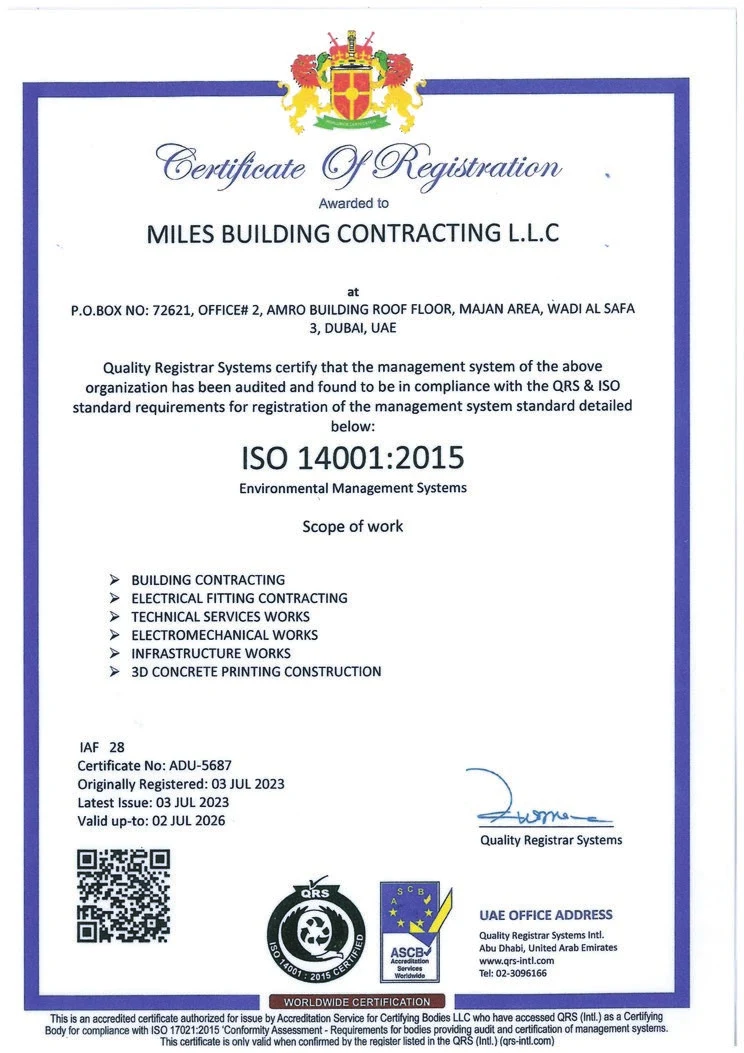Scan of the ISO 14001:2015 — Environmental Management Systems certificate issued to Miles Building Contracting L.L.C