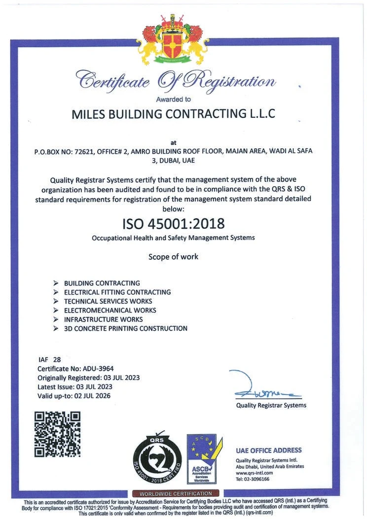 Scan of the ISO 45001:2018 — Occupational Health & Safety Management Systems certificate issued to Miles Building Contracting L.L.C