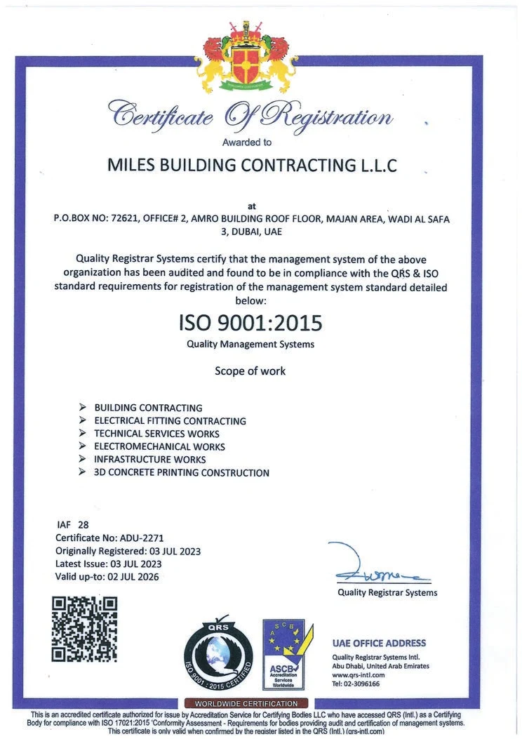 Scan of the ISO 9001:2015 — Quality Management Systems certificate issued to Miles Building Contracting L.L.C