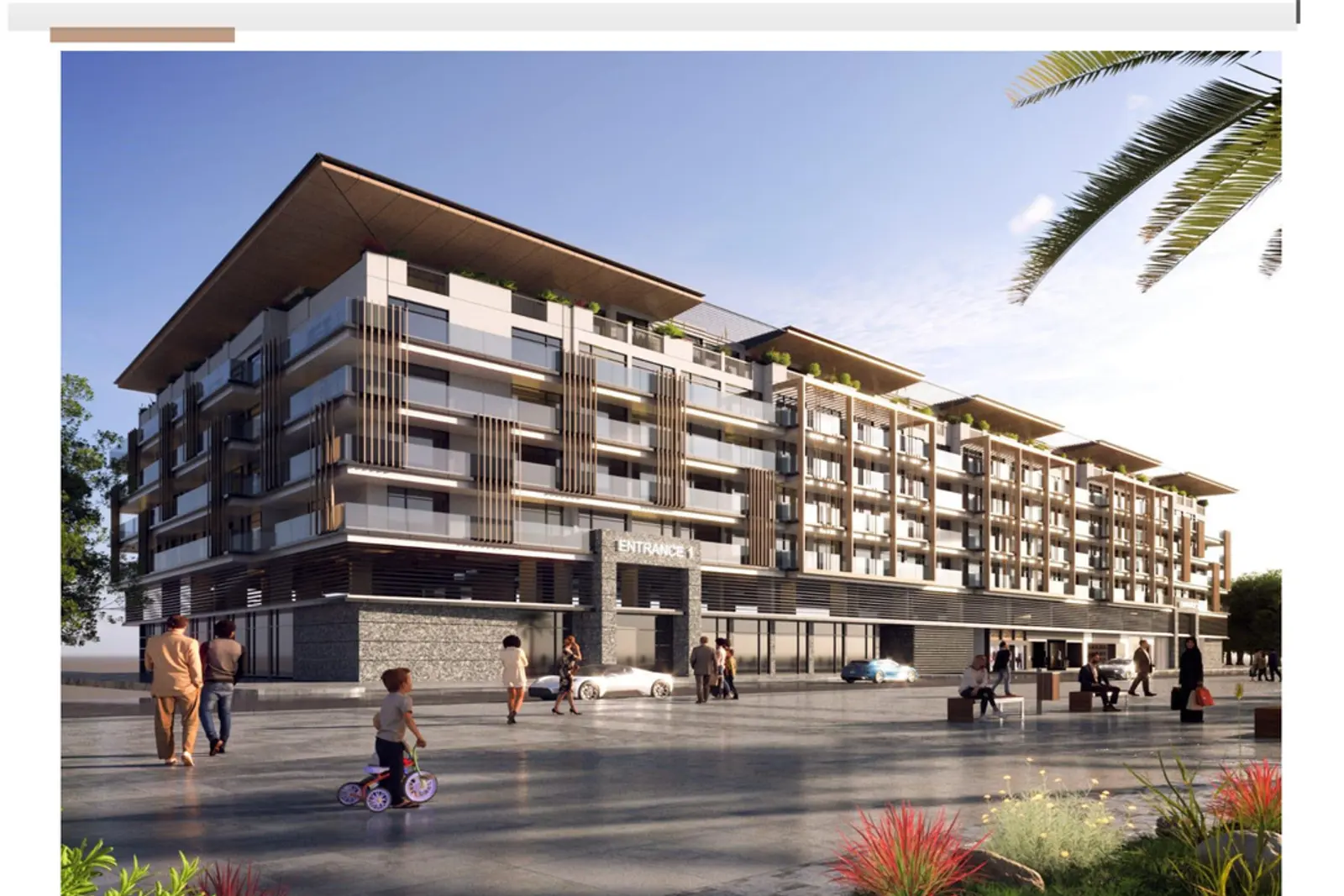 Design render of the commercial and residential building at Jumeirah Village Circle