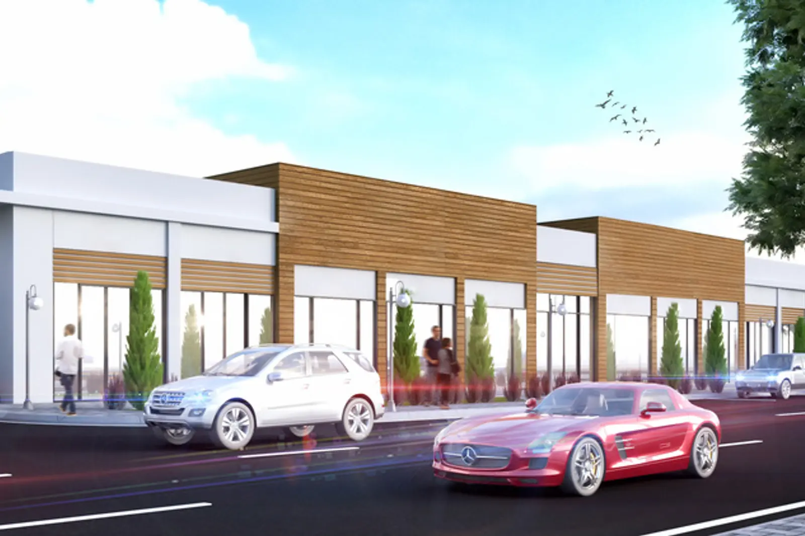 Design render of the Miles Shopsland retail terrace seen from the road