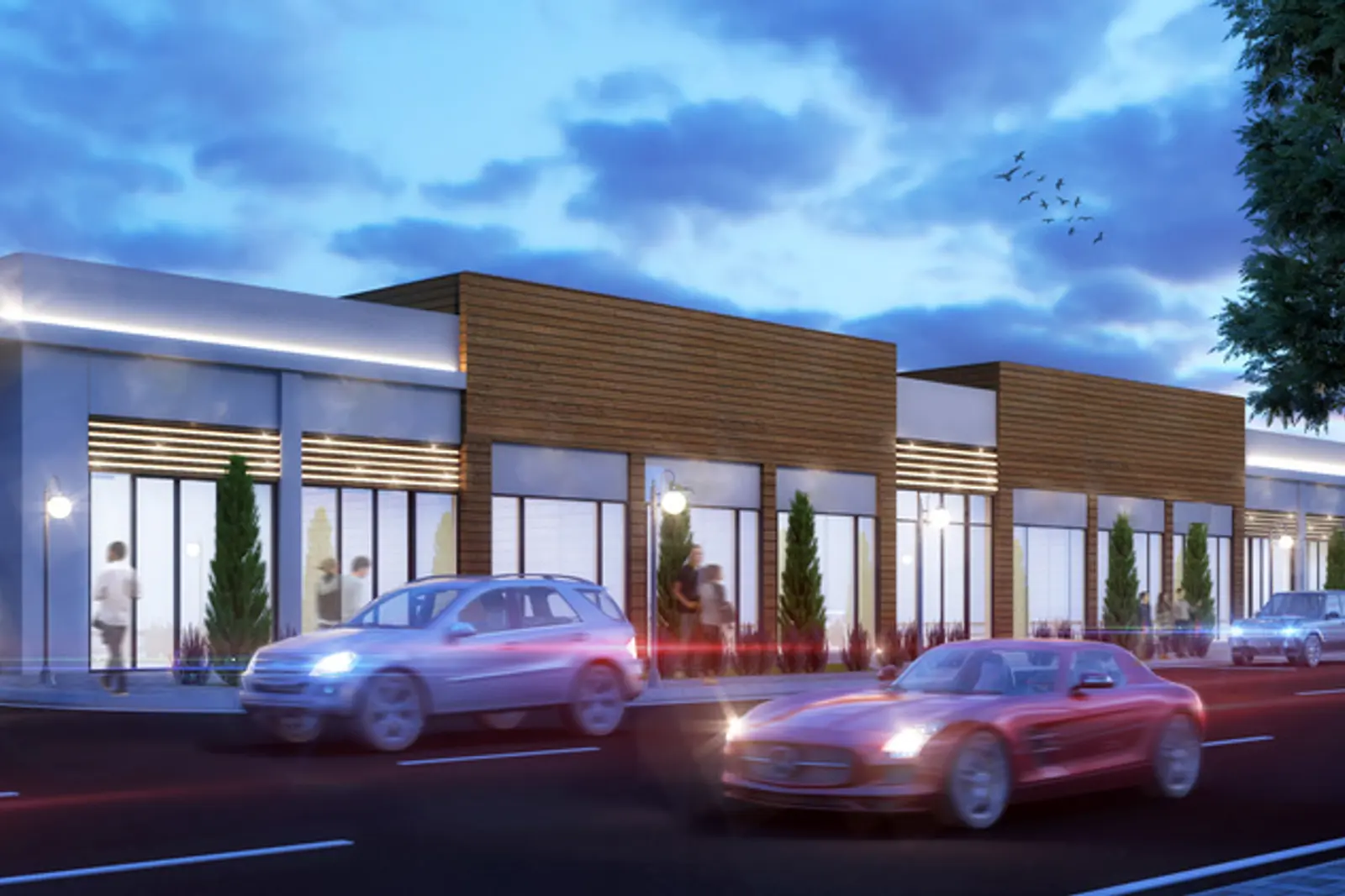 Design render of the retail terrace at dusk