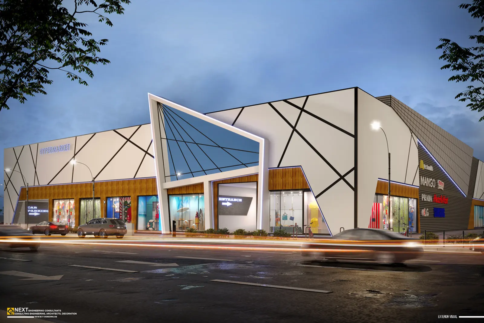 Design render of the retail building showing the faceted white facade