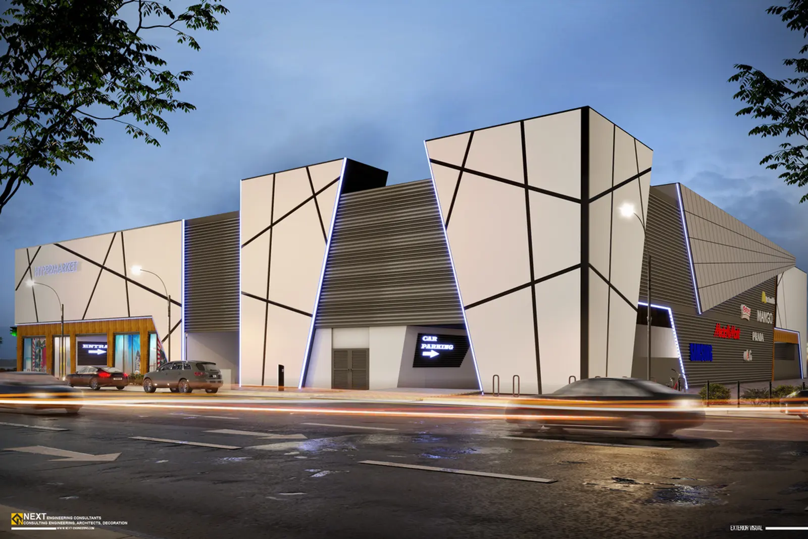 Design render of the building corner with angled glazed openings