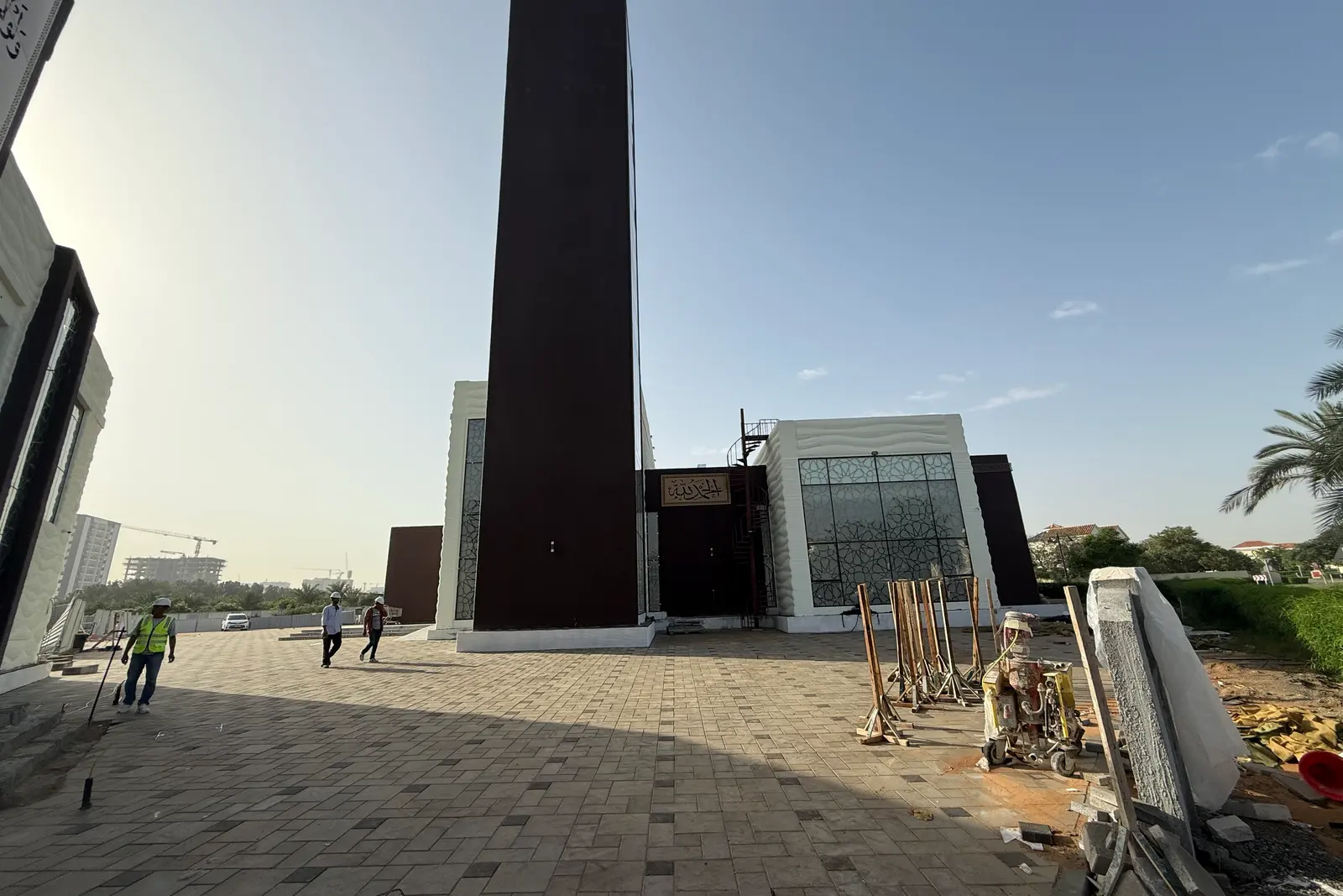 Saddiq Mosque under construction, with the minaret up and the site still working