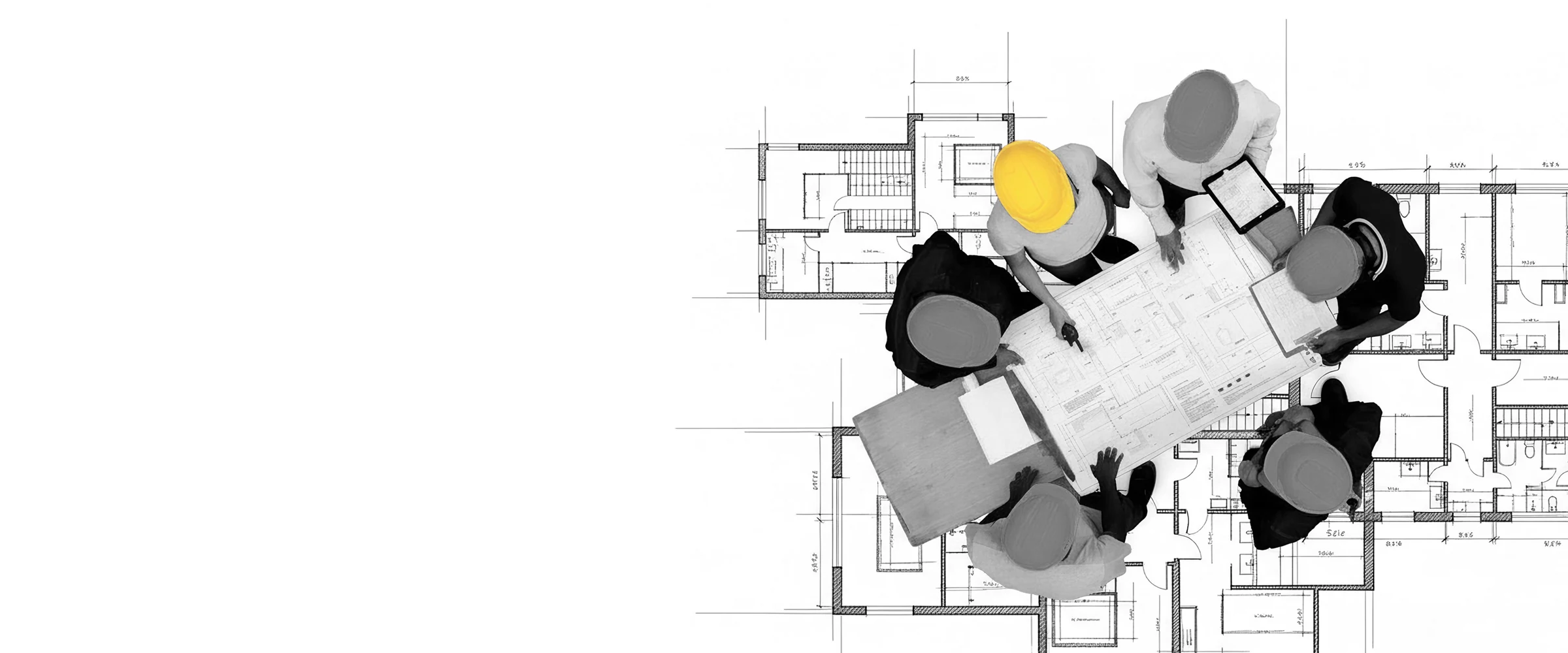 An overhead view of the Miles team around a table, reviewing a set of construction drawings