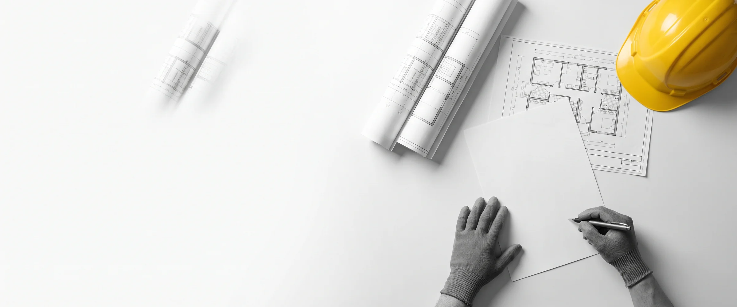 Architectural drawings, a floor plan and a yellow hard hat laid out on a white desk, with a gloved hand drawing on a sheet