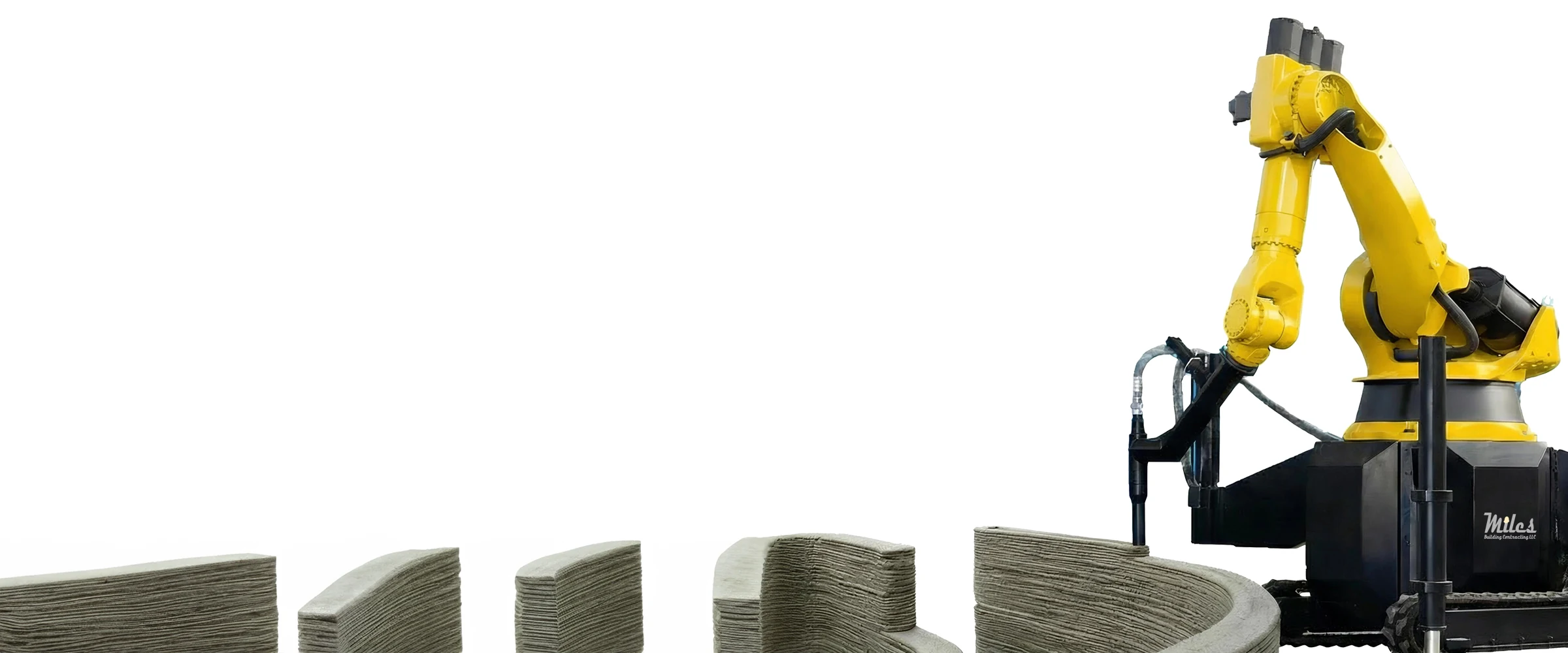 A Miles concrete printing robot laying a printed concrete wall, with completed printed sections alongside