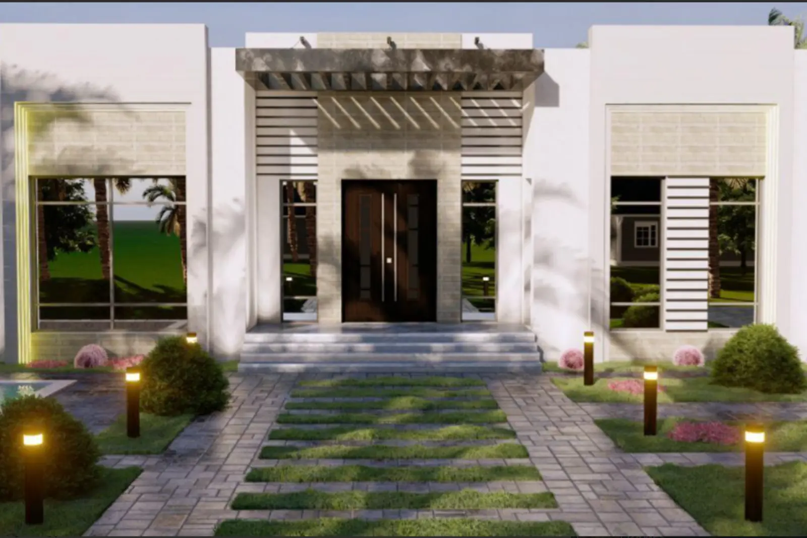 The entrance and landscaped approach to a completed Miles villa