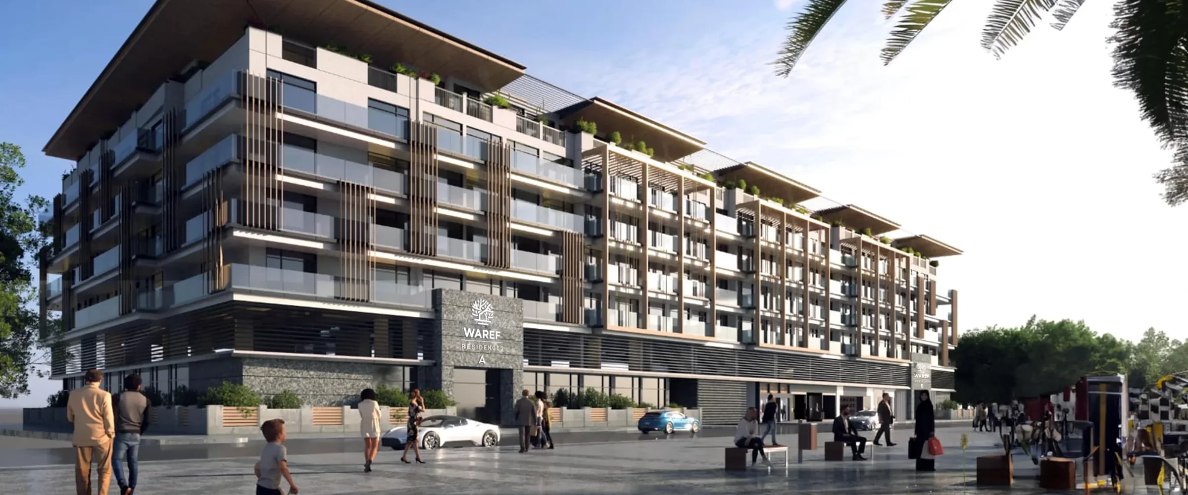 WAREF Residences at Jumeirah Village Circle, built by Miles — the completed elevation with its deep roof overhang and timber-screened balconies